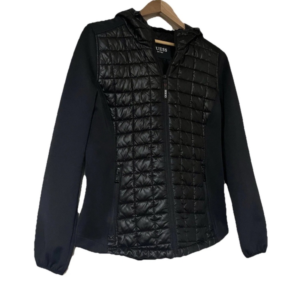 GUESS Women's Medium Black Hybrid Quilted Full Zip Hooded Jacket